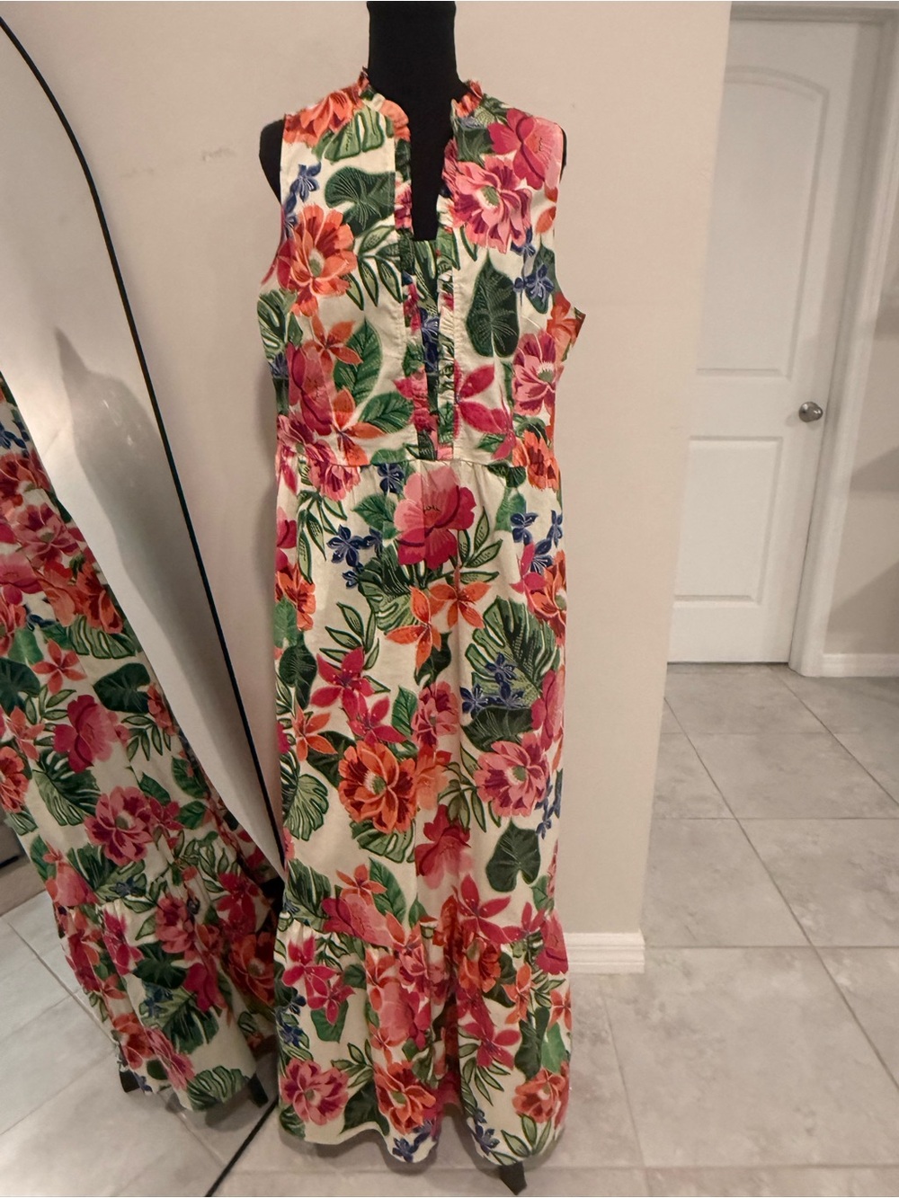 London Times Cream Floral Maxi Dress with Pink, Orange & Green - Picture 2 of 11